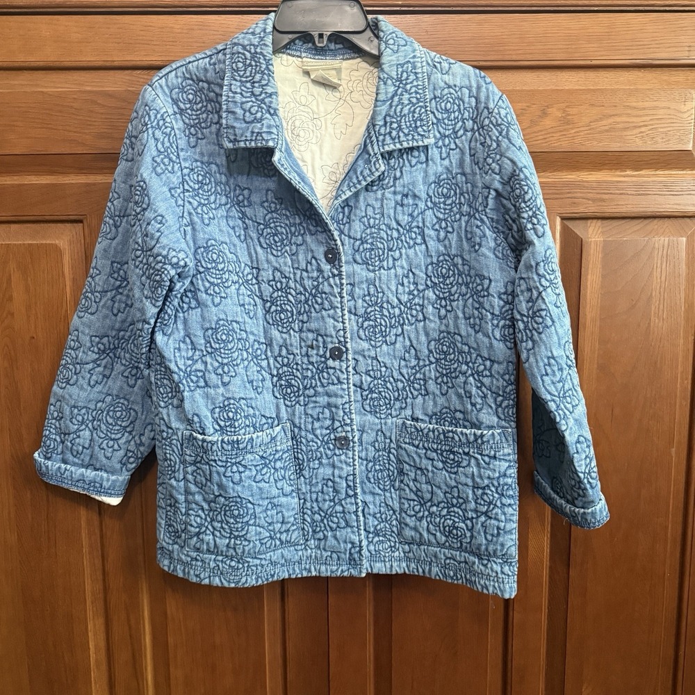 Vintage 90s Cottagecore Quilted Denim Jean Jacket Floral Quilt Coat Womens Mediu